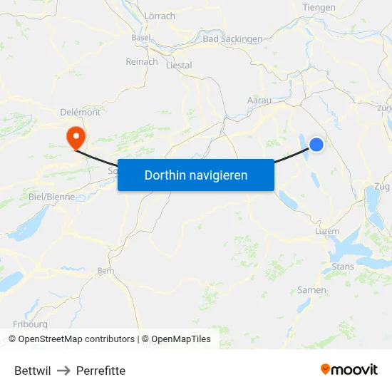 Bettwil to Perrefitte map