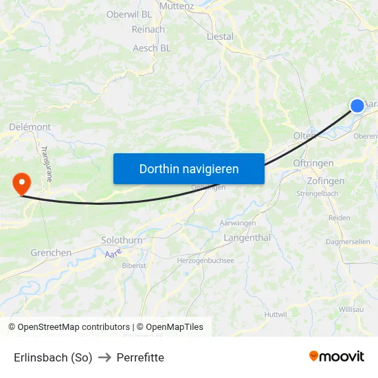 Erlinsbach (So) to Perrefitte map
