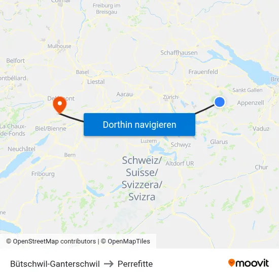 Bütschwil-Ganterschwil to Perrefitte map