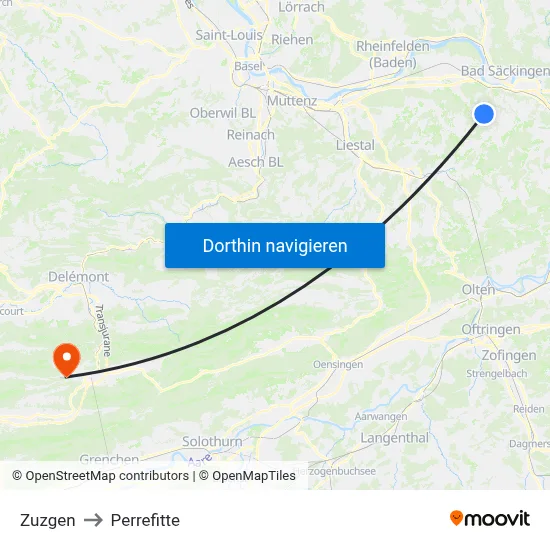 Zuzgen to Perrefitte map