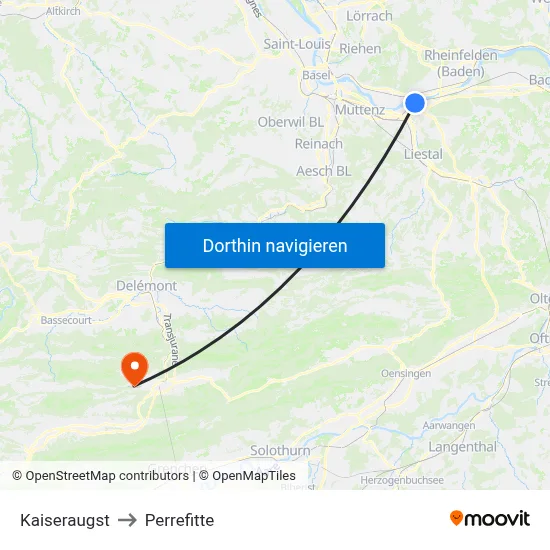 Kaiseraugst to Perrefitte map
