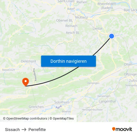 Sissach to Perrefitte map