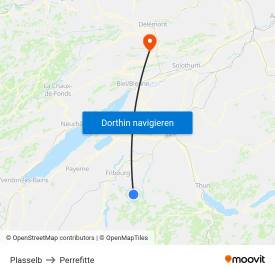 Plasselb to Perrefitte map