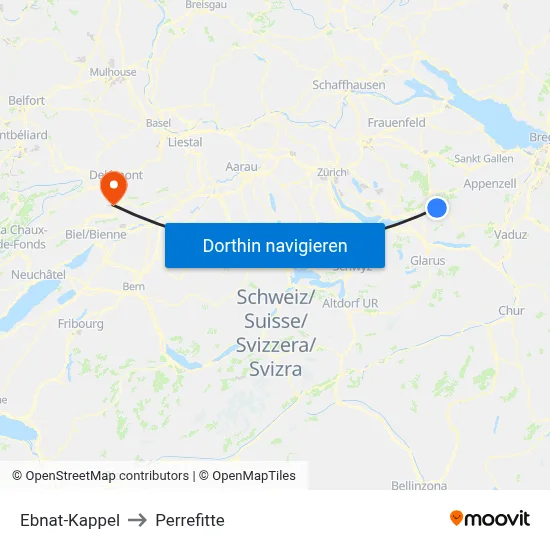 Ebnat-Kappel to Perrefitte map