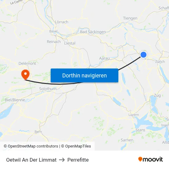 Oetwil An Der Limmat to Perrefitte map