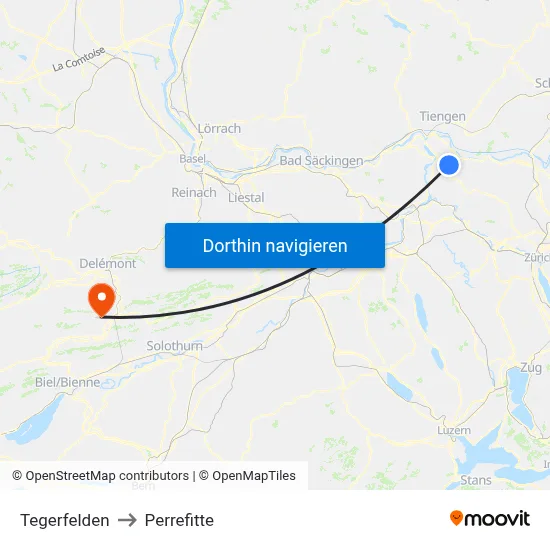 Tegerfelden to Perrefitte map