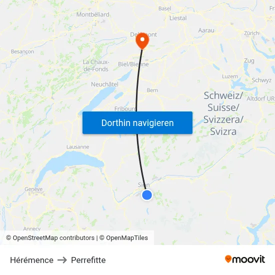 Hérémence to Perrefitte map