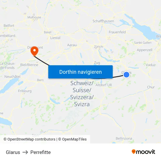 Glarus to Perrefitte map
