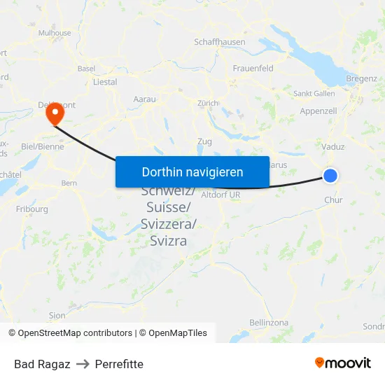 Bad Ragaz to Perrefitte map