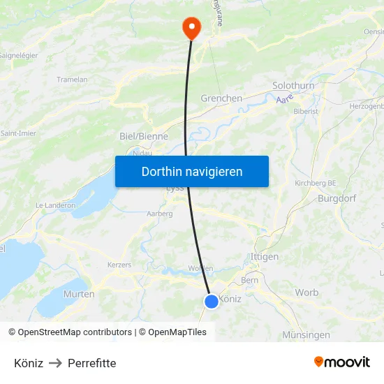 Köniz to Perrefitte map