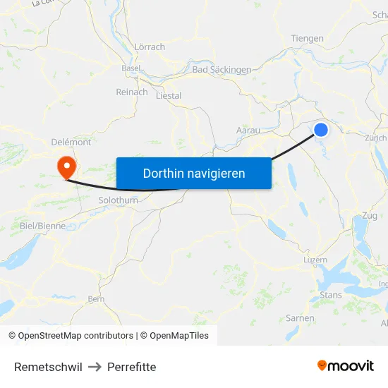 Remetschwil to Perrefitte map