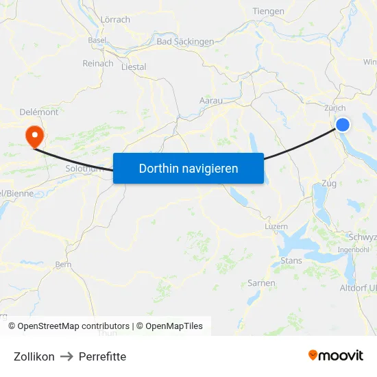 Zollikon to Perrefitte map