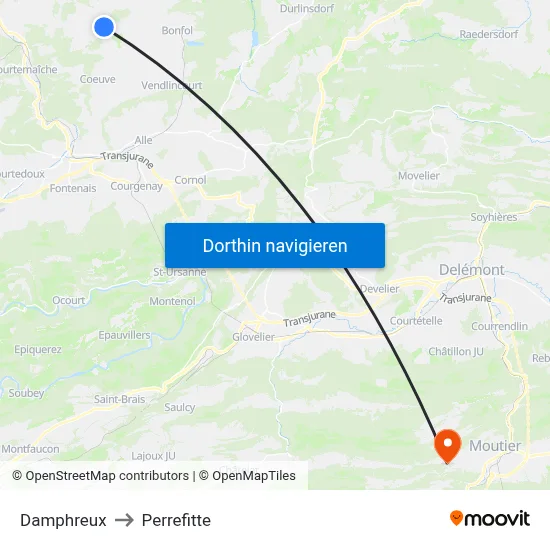 Damphreux to Perrefitte map