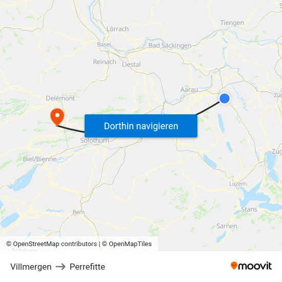 Villmergen to Perrefitte map