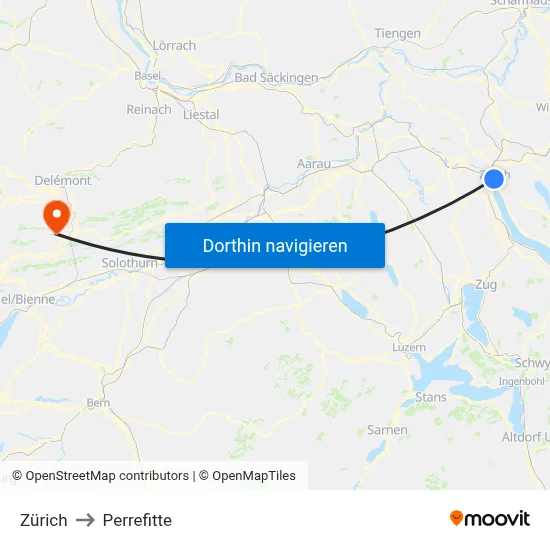 Zürich to Perrefitte map