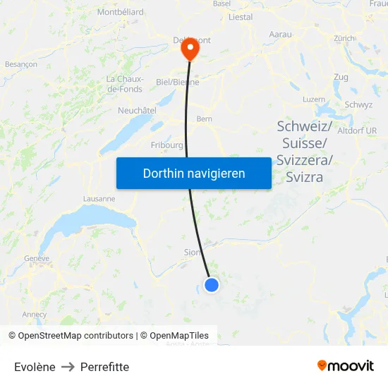 Evolène to Perrefitte map