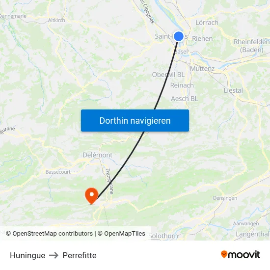 Huningue to Perrefitte map
