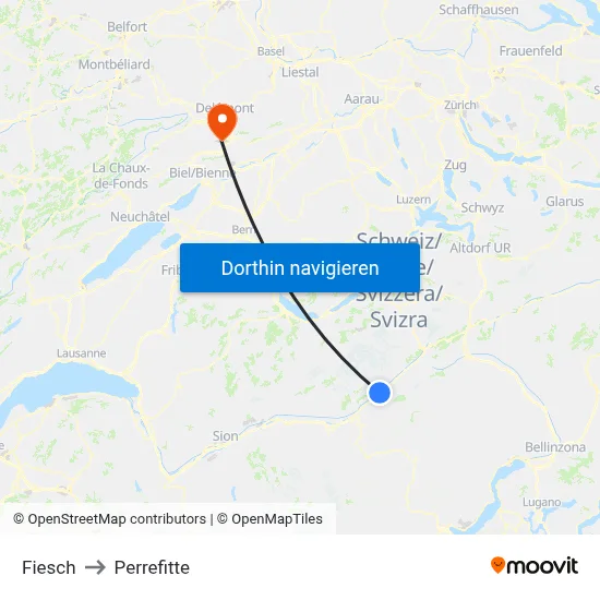 Fiesch to Perrefitte map