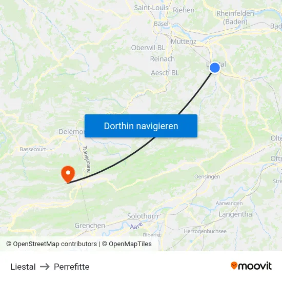 Liestal to Perrefitte map