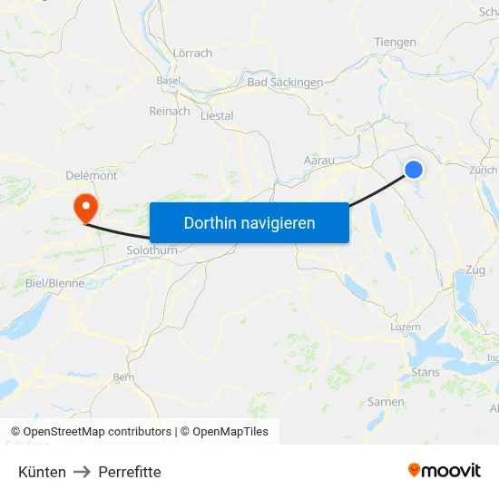 Künten to Perrefitte map