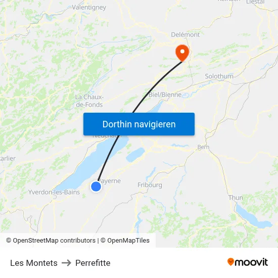 Les Montets to Perrefitte map