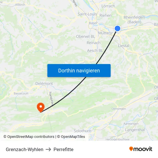 Grenzach-Wyhlen to Perrefitte map