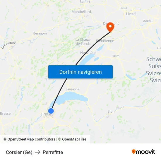 Corsier (Ge) to Perrefitte map