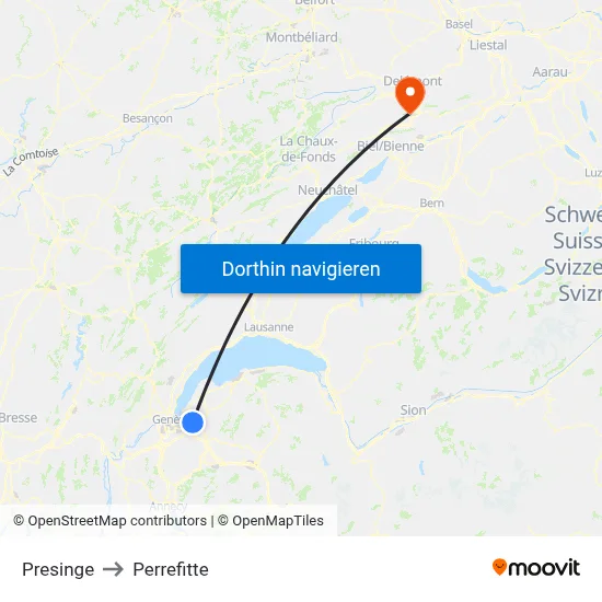Presinge to Perrefitte map
