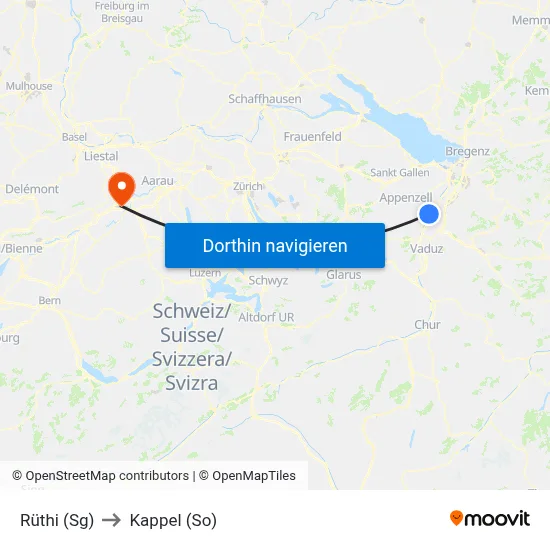 Rüthi (Sg) to Kappel (So) map