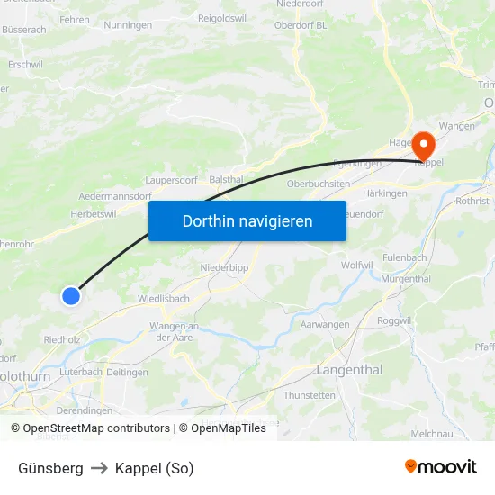 Günsberg to Kappel (So) map