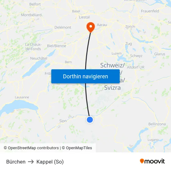 Bürchen to Kappel (So) map