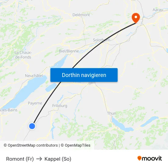 Romont (Fr) to Kappel (So) map