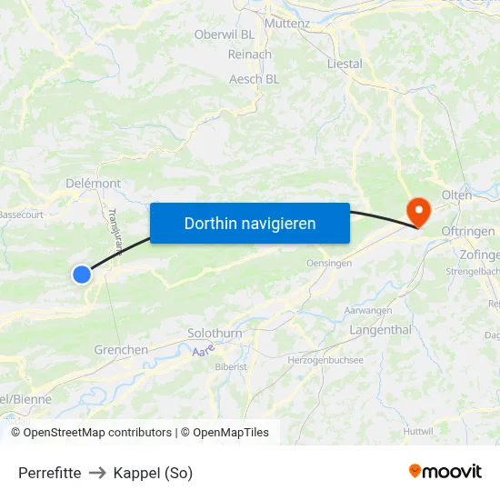 Perrefitte to Kappel (So) map