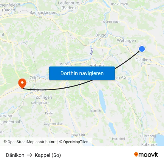 Dänikon to Kappel (So) map