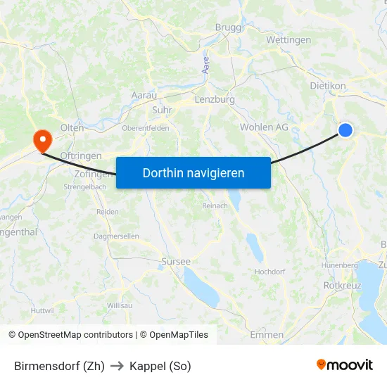Birmensdorf (Zh) to Kappel (So) map
