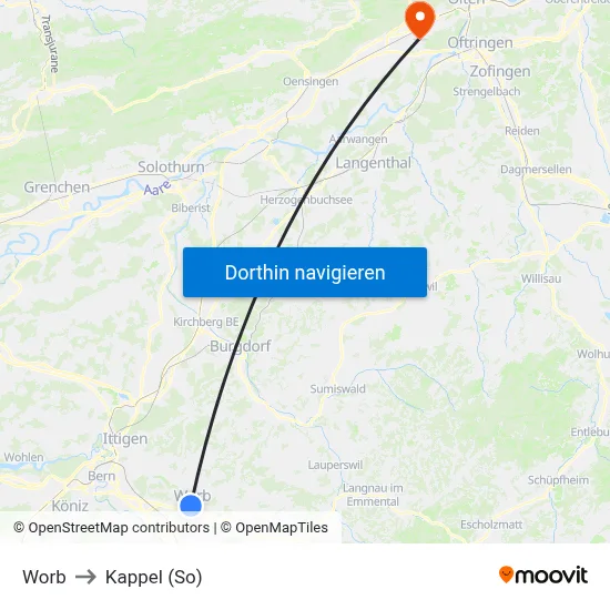 Worb to Kappel (So) map