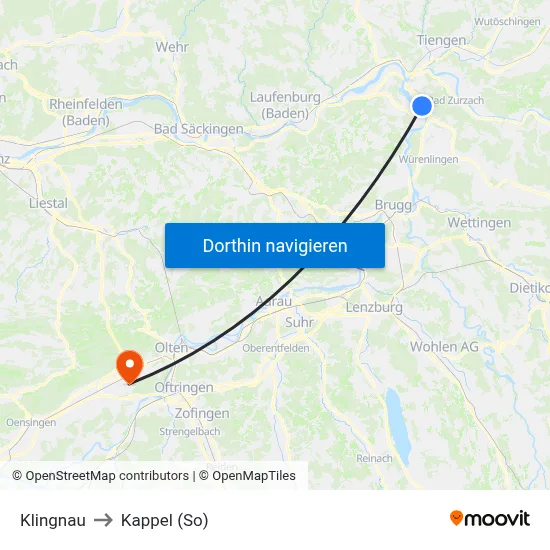 Klingnau to Kappel (So) map