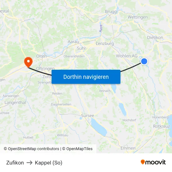Zufikon to Kappel (So) map