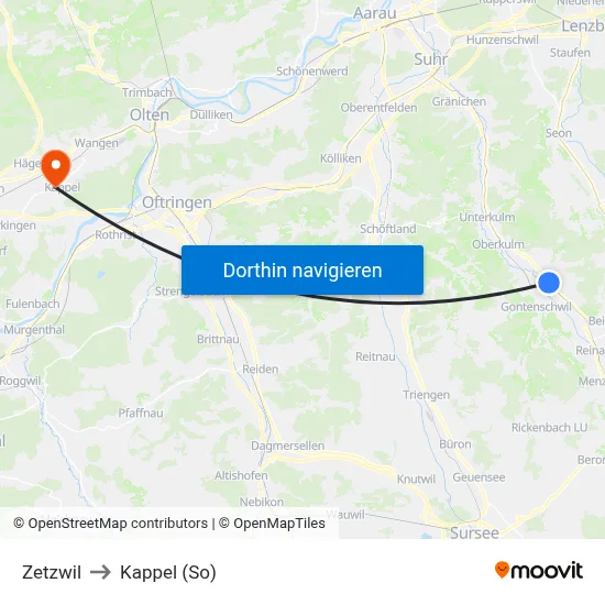 Zetzwil to Kappel (So) map