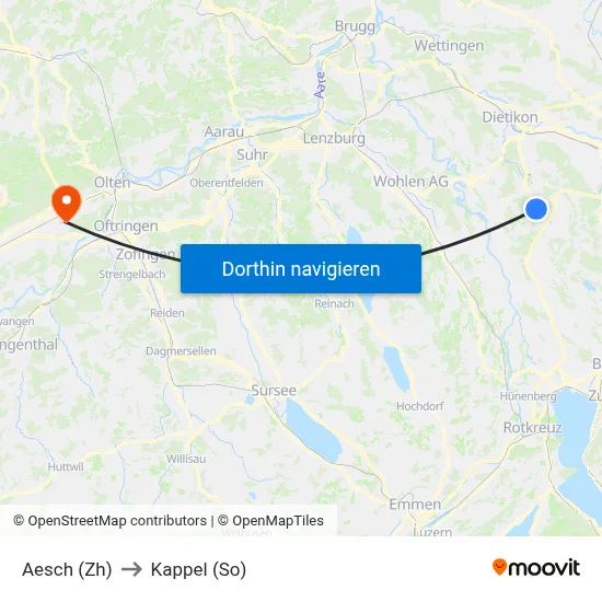 Aesch (Zh) to Kappel (So) map