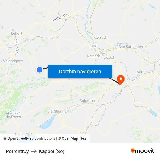 Porrentruy to Kappel (So) map