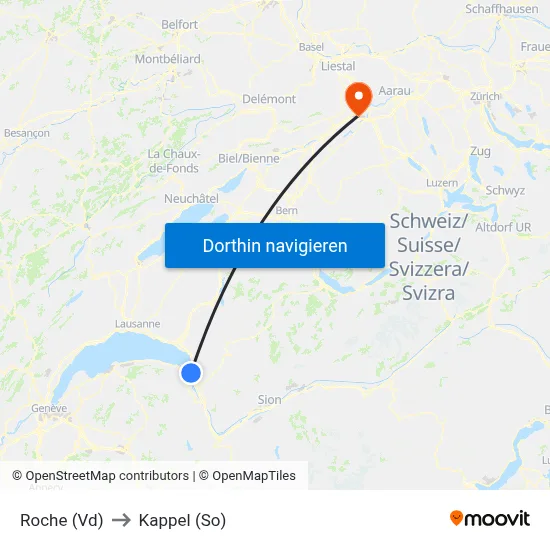 Roche (Vd) to Kappel (So) map