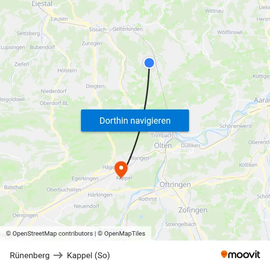Rünenberg to Kappel (So) map