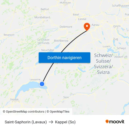 Saint-Saphorin (Lavaux) to Kappel (So) map