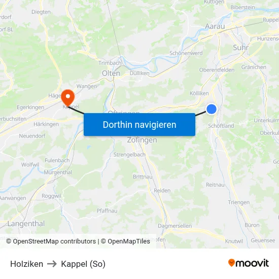 Holziken to Kappel (So) map
