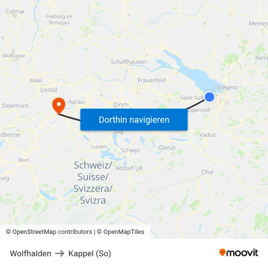 Wolfhalden to Kappel (So) map