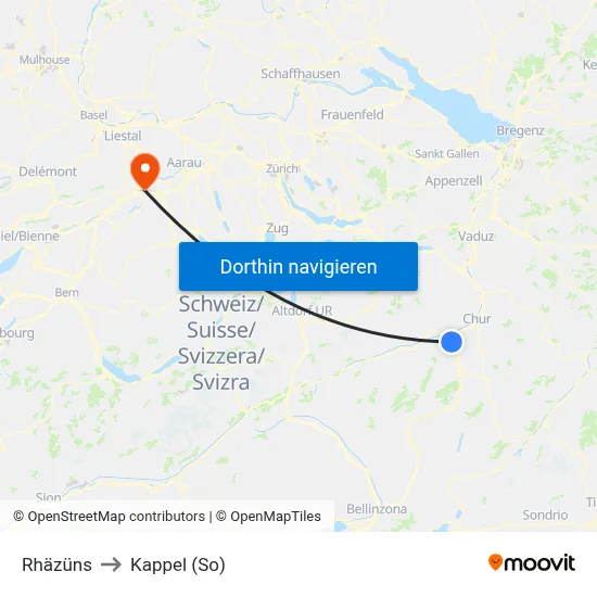 Rhäzüns to Kappel (So) map