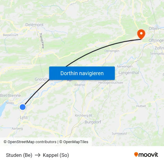 Studen (Be) to Kappel (So) map