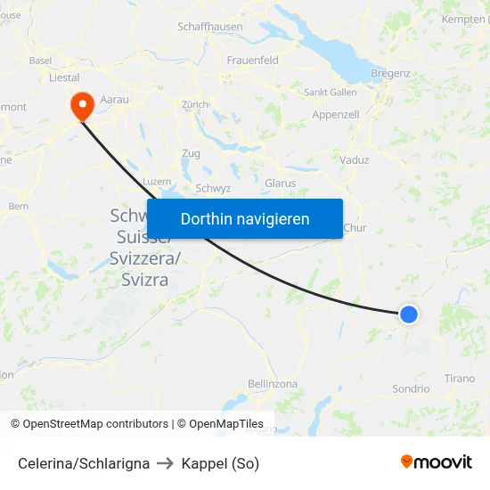 Celerina/Schlarigna to Kappel (So) map