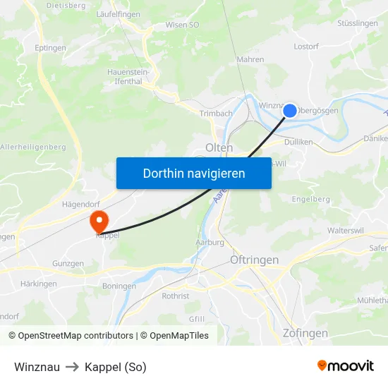 Winznau to Kappel (So) map